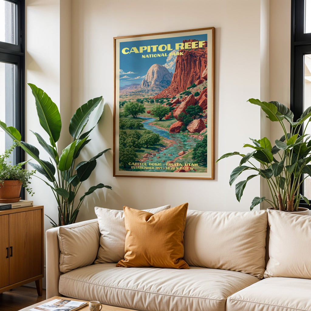 Capitol Reef vintage travel print in oak above a cream sofa with a rust cushion and tall houseplants