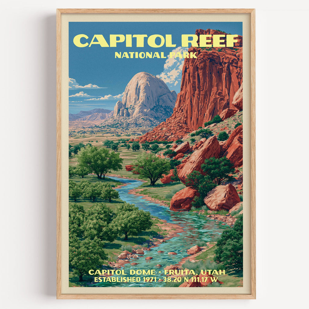 Capitol Dome Capitol Reef National Park vintage poster in a light oak frame on a plain white wall