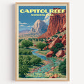Capitol Dome Capitol Reef National Park vintage poster in a light oak frame on a plain white wall