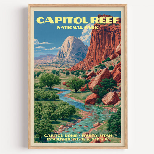 Capitol Dome Capitol Reef National Park vintage poster in a light oak frame on a plain white wall
