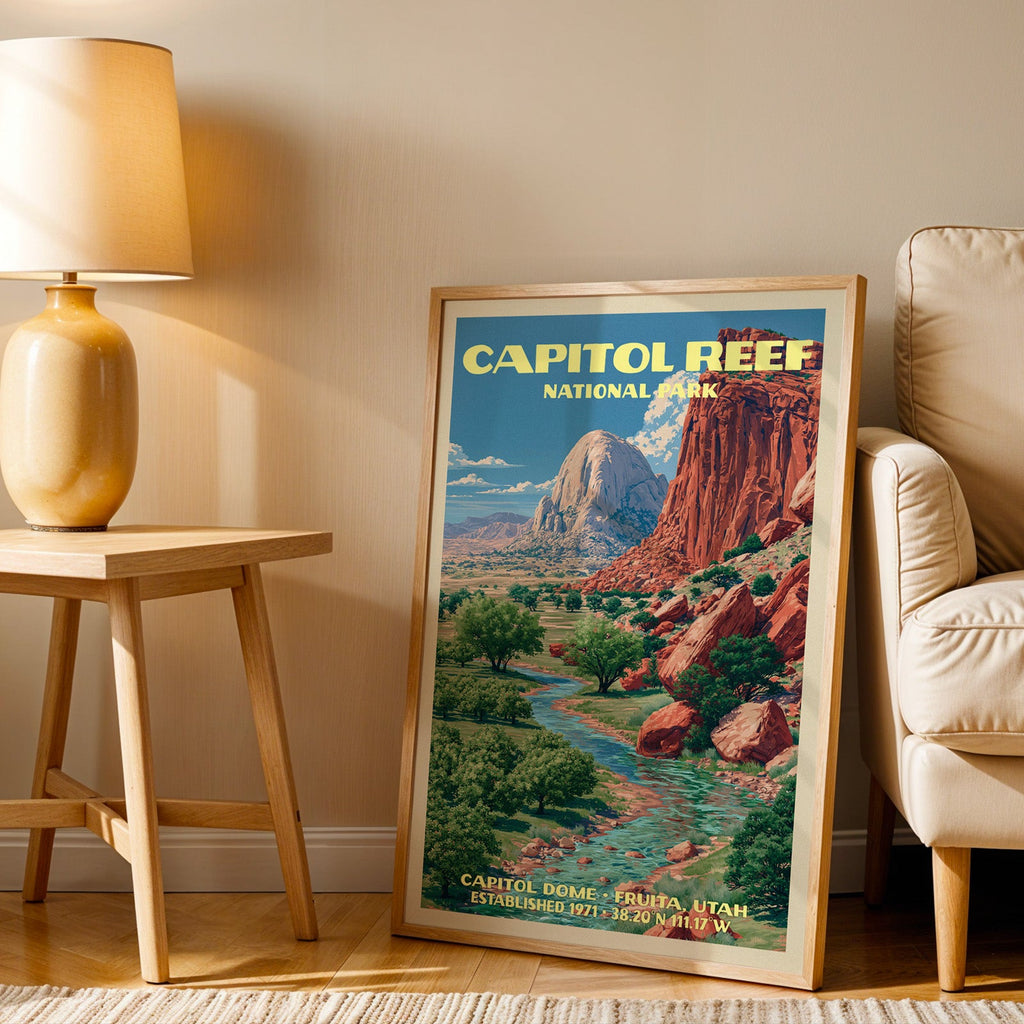Capitol Reef Capitol Dome wall art in oak, leaning by an armchair and a side table with an ochre lamp