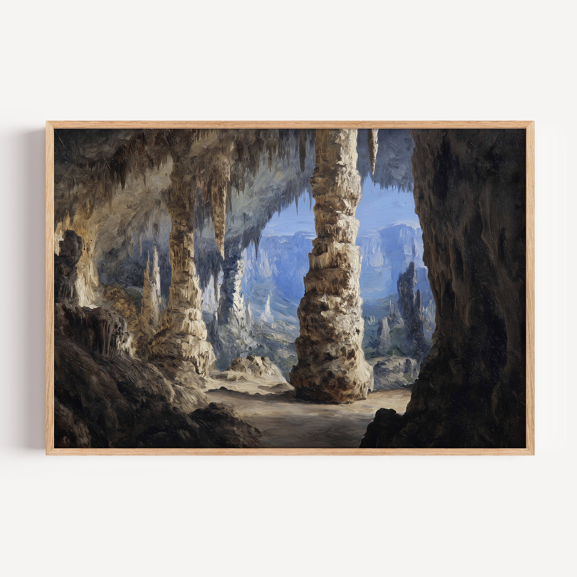 Carlsbad Caverns National Park oil painting print in a light oak frame: cave columns and stalactites
