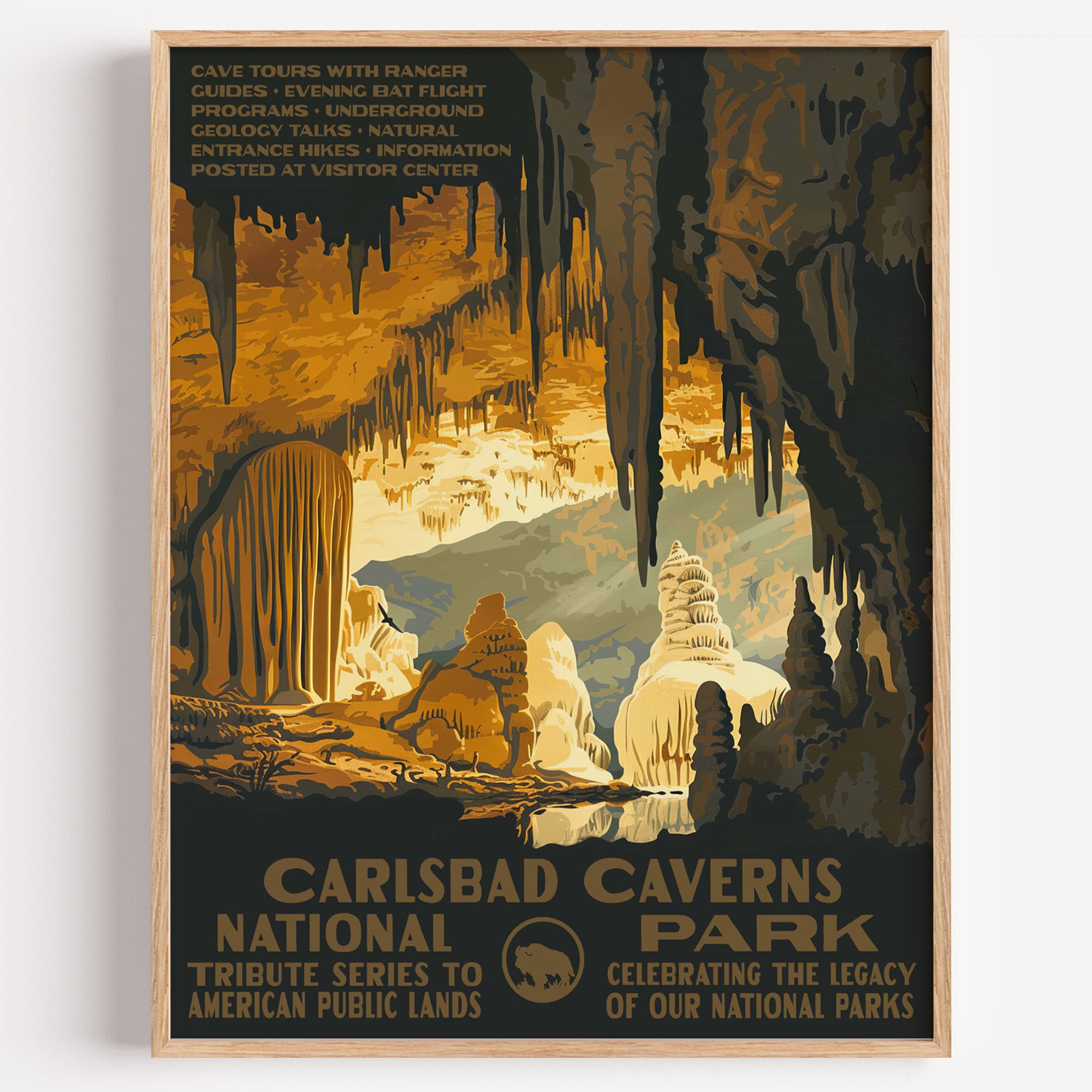 Carlsbad Caverns National Park wall art print in a thin wood frame, golden stalactites and columns filling the lit cavern