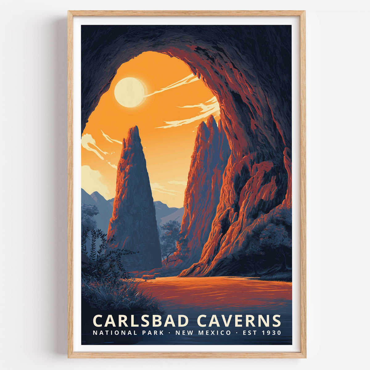 Carlsbad Caverns National Park retro travel poster — the cavern mouth framing a blazing desert sunset and rock spires, New Mexico