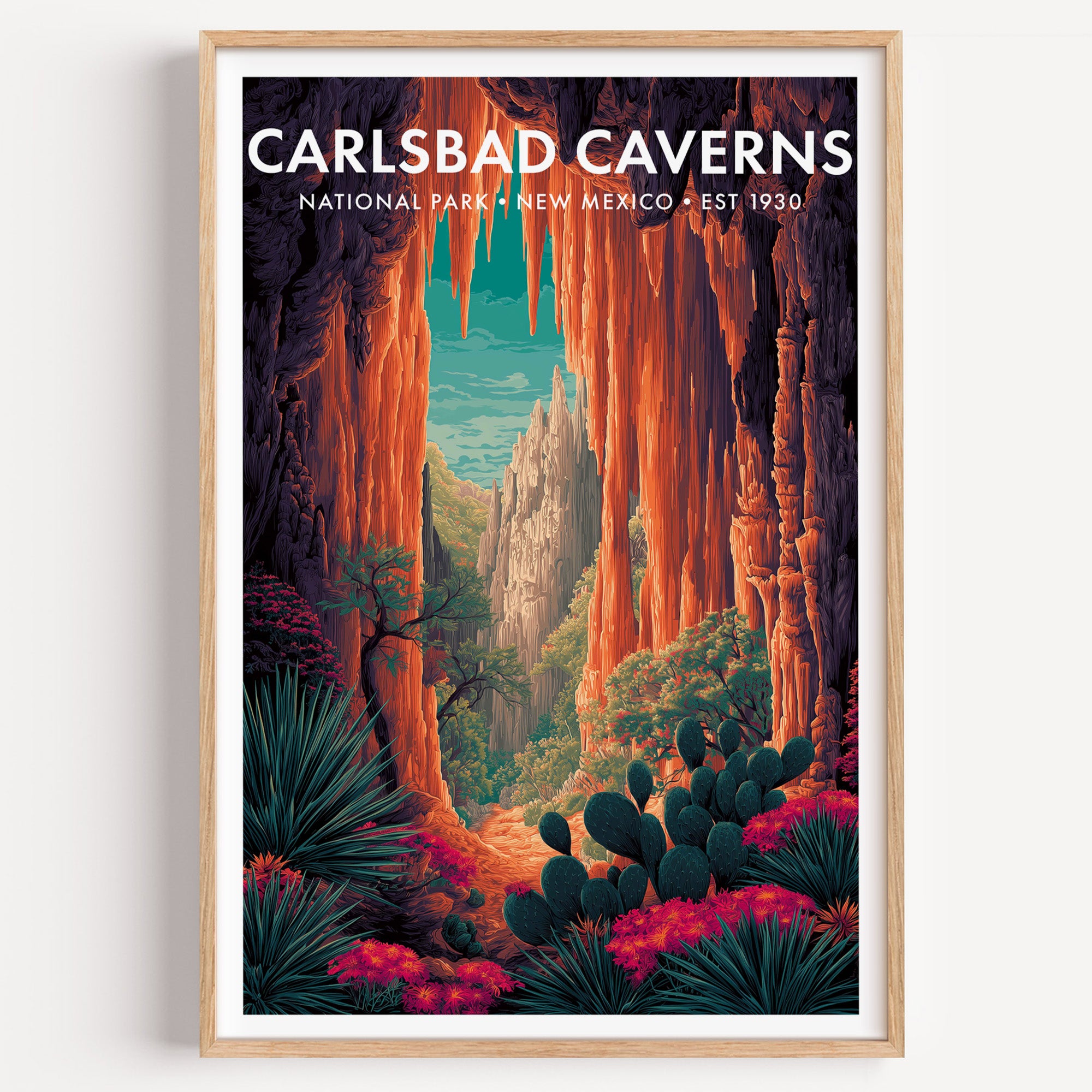 Carlsbad Caverns National Park mid-century modern art print — a cathedral-scale cave chamber of warm-lit columns and draperies