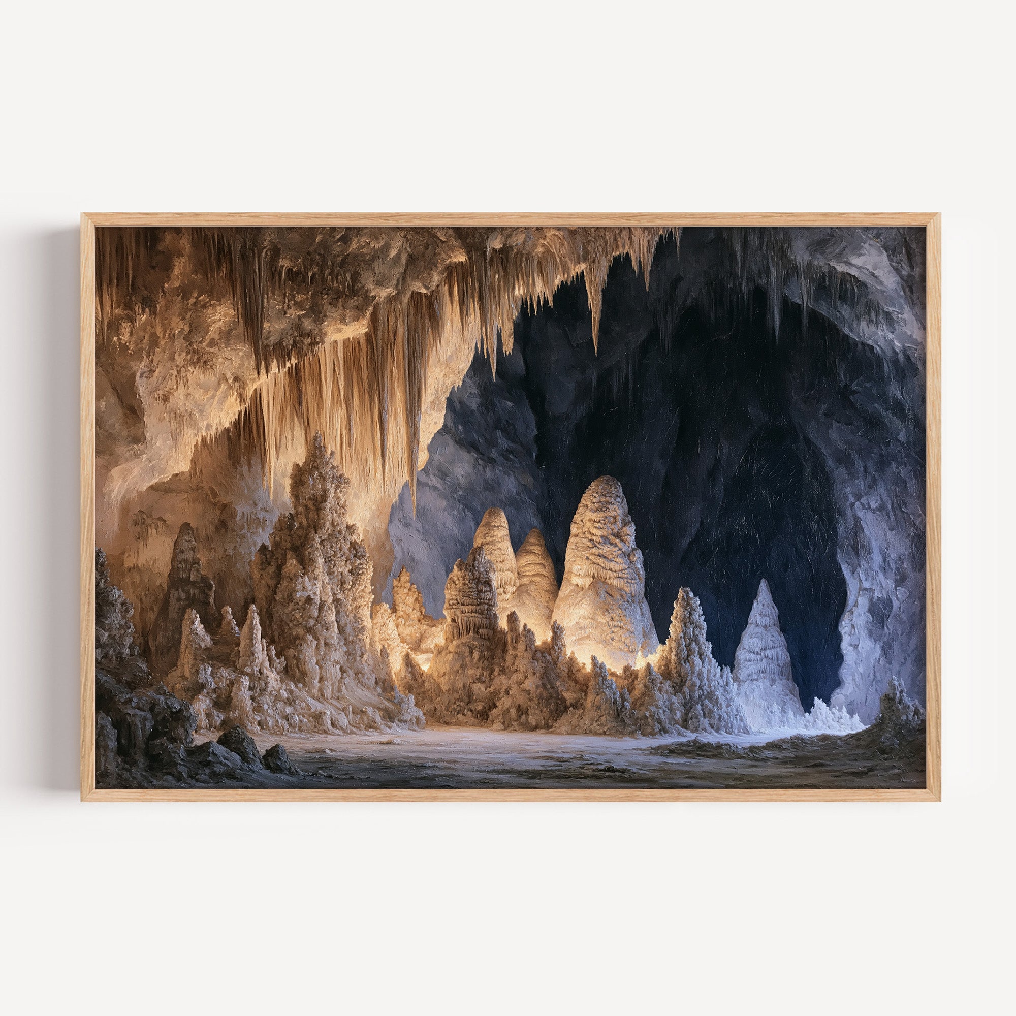 Carlsbad Caverns classical oil painting print in an oak frame: cave columns and stalactites
