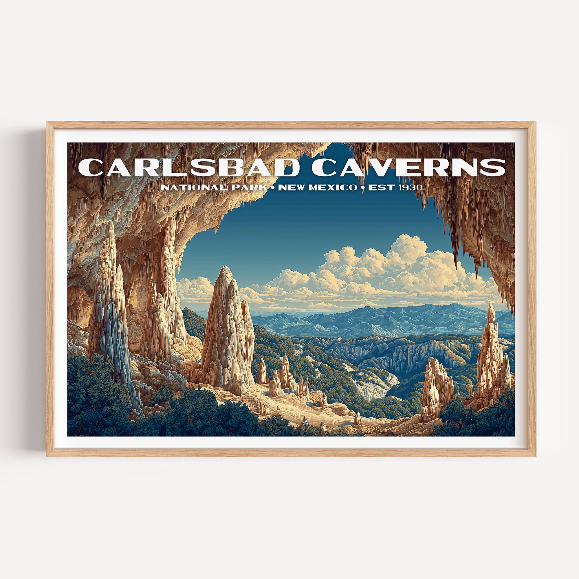 Stalactites framing a view from inside the cave out over the desert mountains — Carlsbad Caverns National Park vintage WPA travel poster print