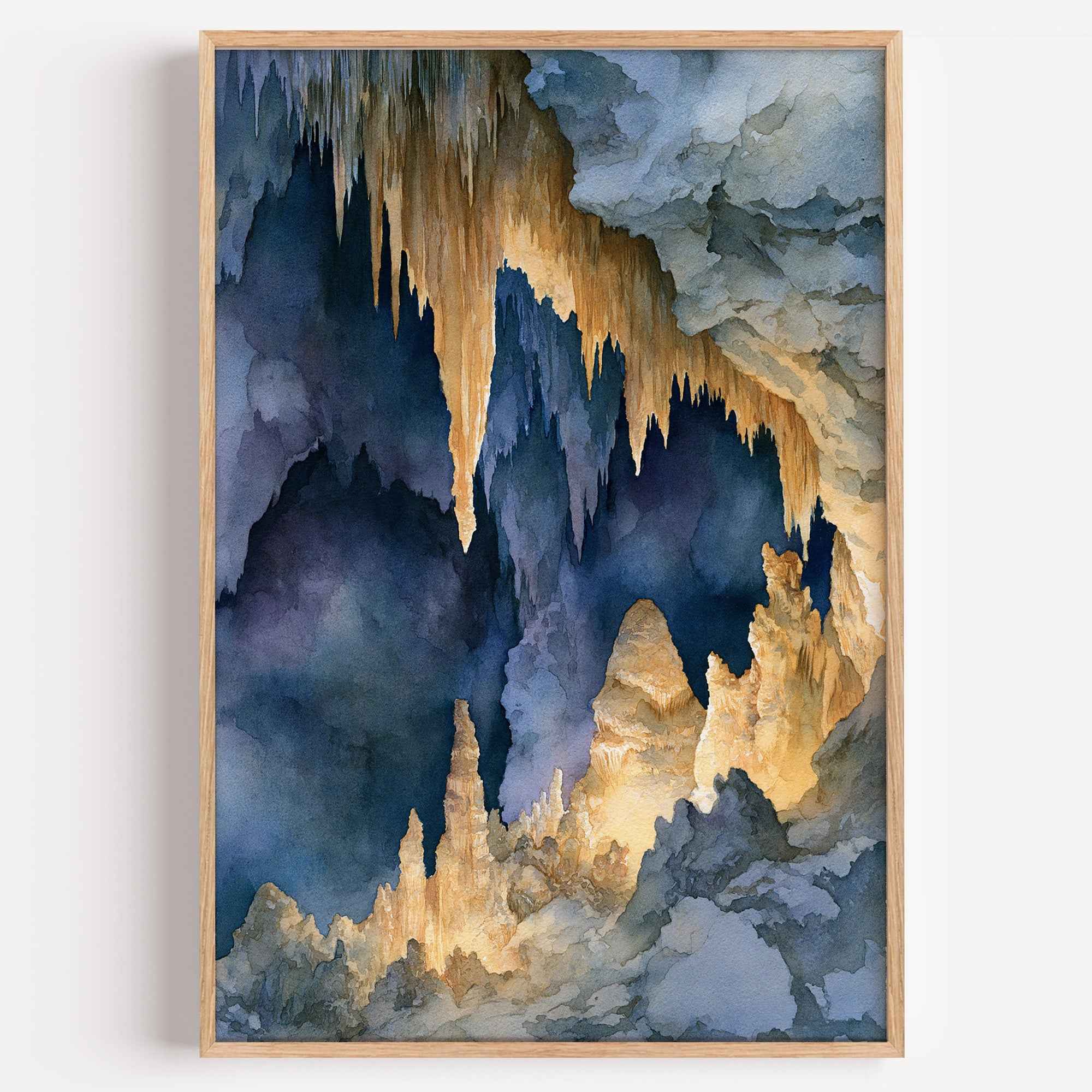 Carlsbad Caverns National Park watercolor art print: gold-lit stalactites and flowstone against deep indigo cavern shadow