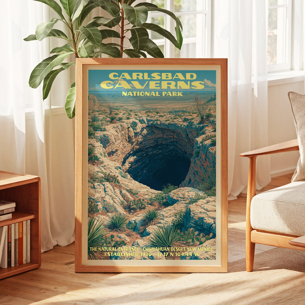 Carlsbad Caverns vintage poster in oak, leaning by a sunlit window with sheer curtains and a bookshelf