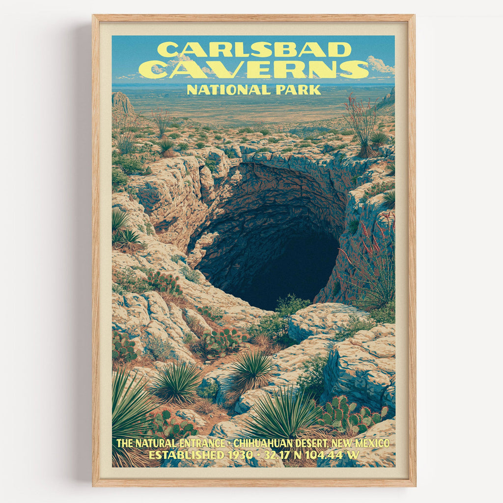 Natural Entrance Carlsbad Caverns vintage poster in a light oak frame on a plain white wall