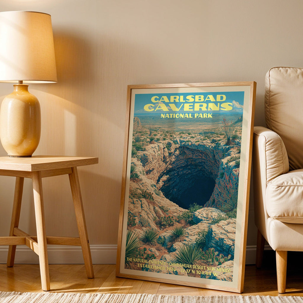 Carlsbad Caverns Natural Entrance wall art in oak, leaning by an armchair and a table with an ochre lamp