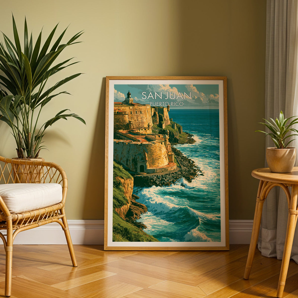 Atlantic waves below El Morro in an oak frame on herringbone parquet, rattan chair left, cane table and plant