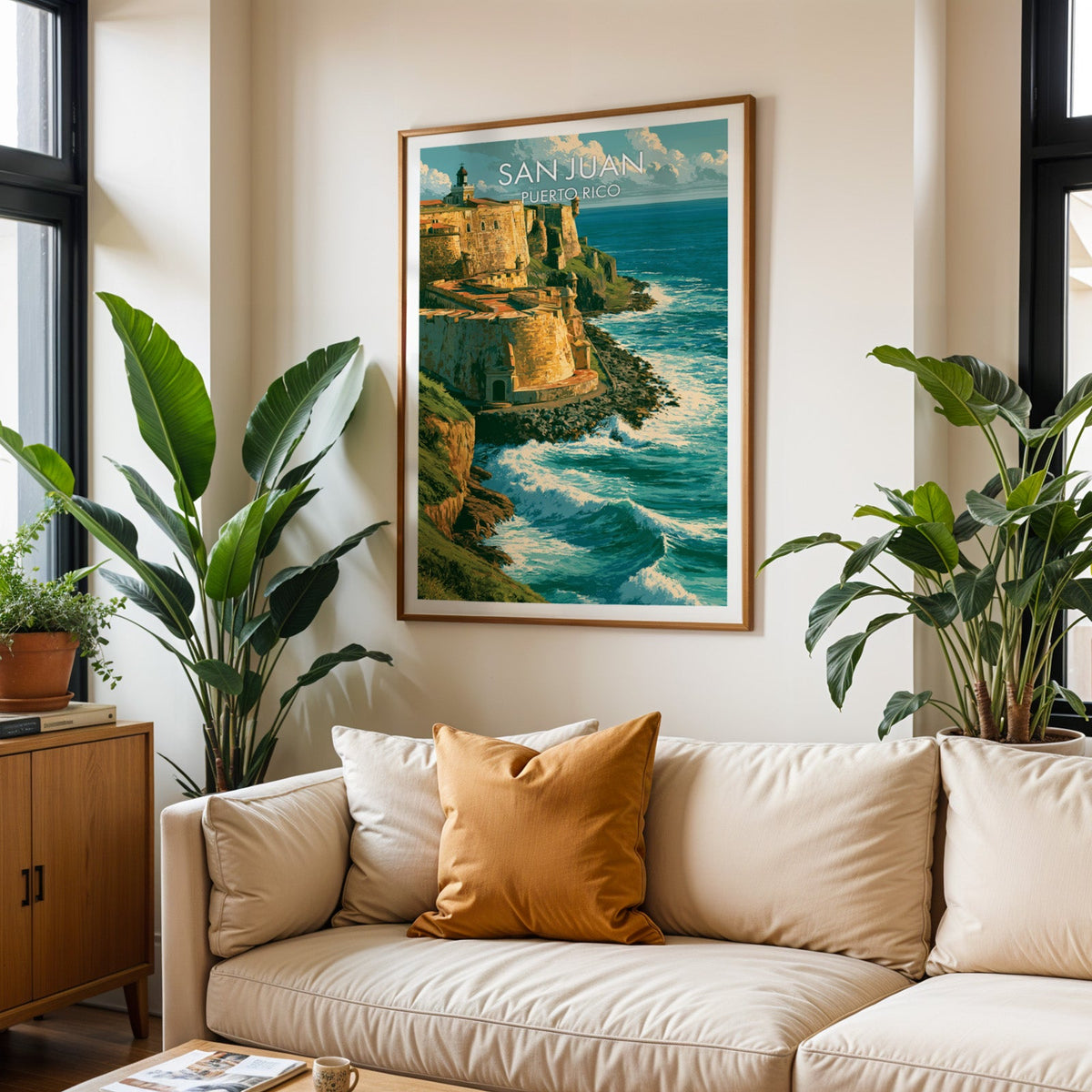 Puerto Rico fortress poster in an oak frame above a cream sofa with a burnt-orange cushion and tropical plants