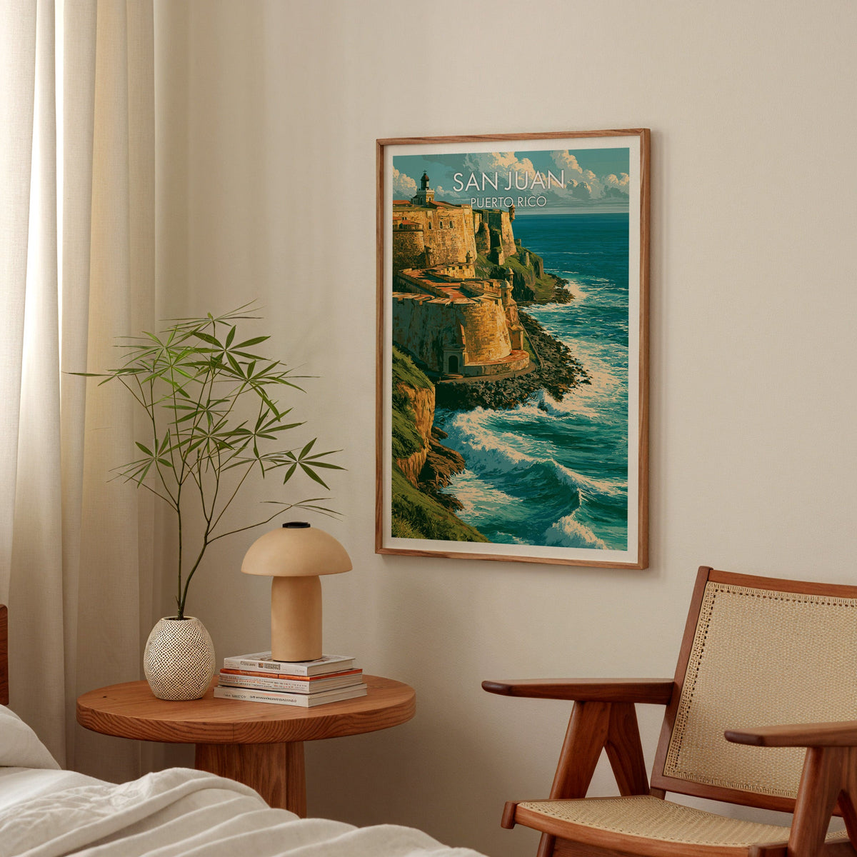 Breaking white surf on the rocks in an oak frame in a bedroom above a round table with a mushroom lamp