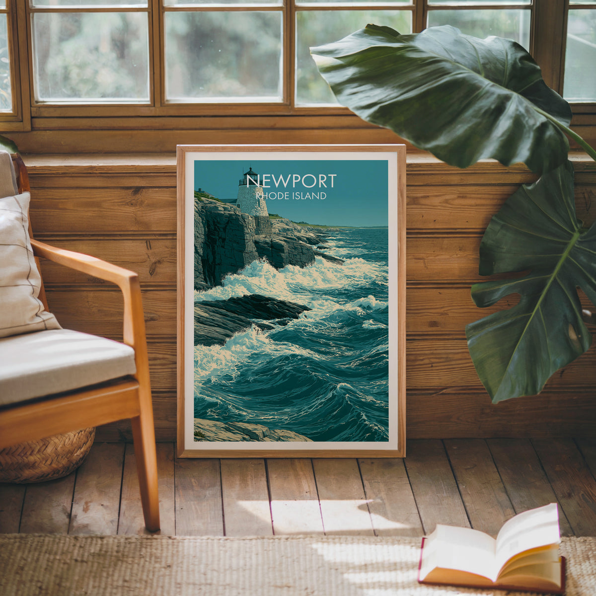 Castle Hill Lighthouse canvas print in an oak frame on a sunlit wood wall by a mid-century armchair