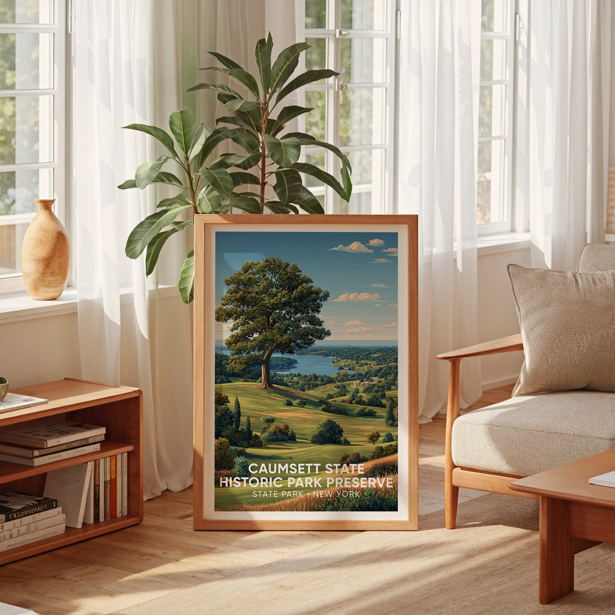 Caumsett State Park print propped by a bright voile window, low bookshelf and cream armchair near