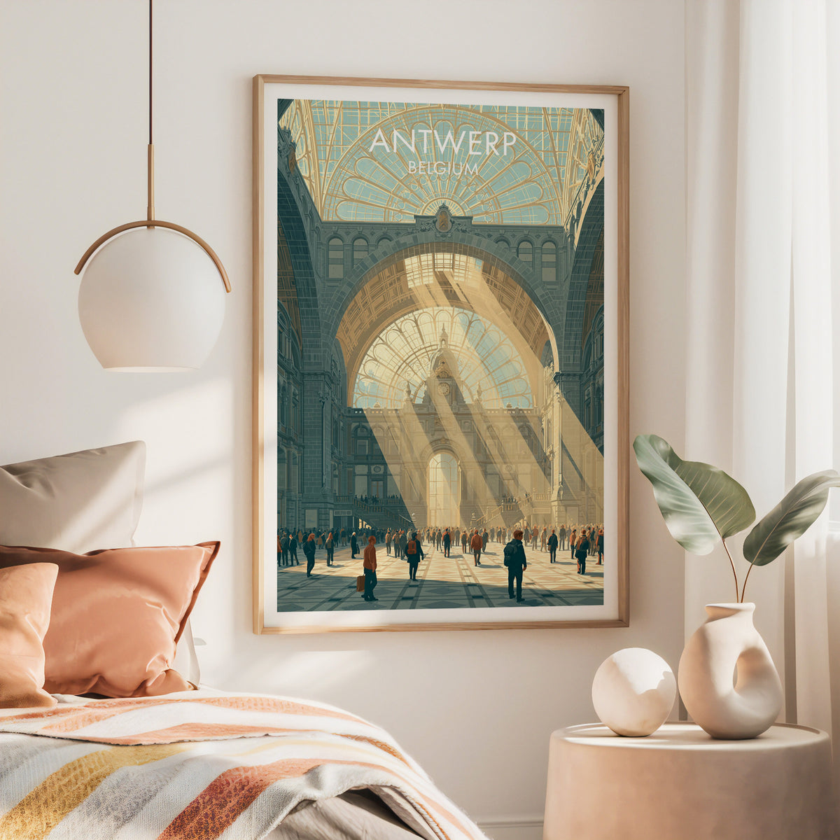 Antwerp Central Station wall art, large oak frame above a bed with rust bedding and a brass globe pendant
