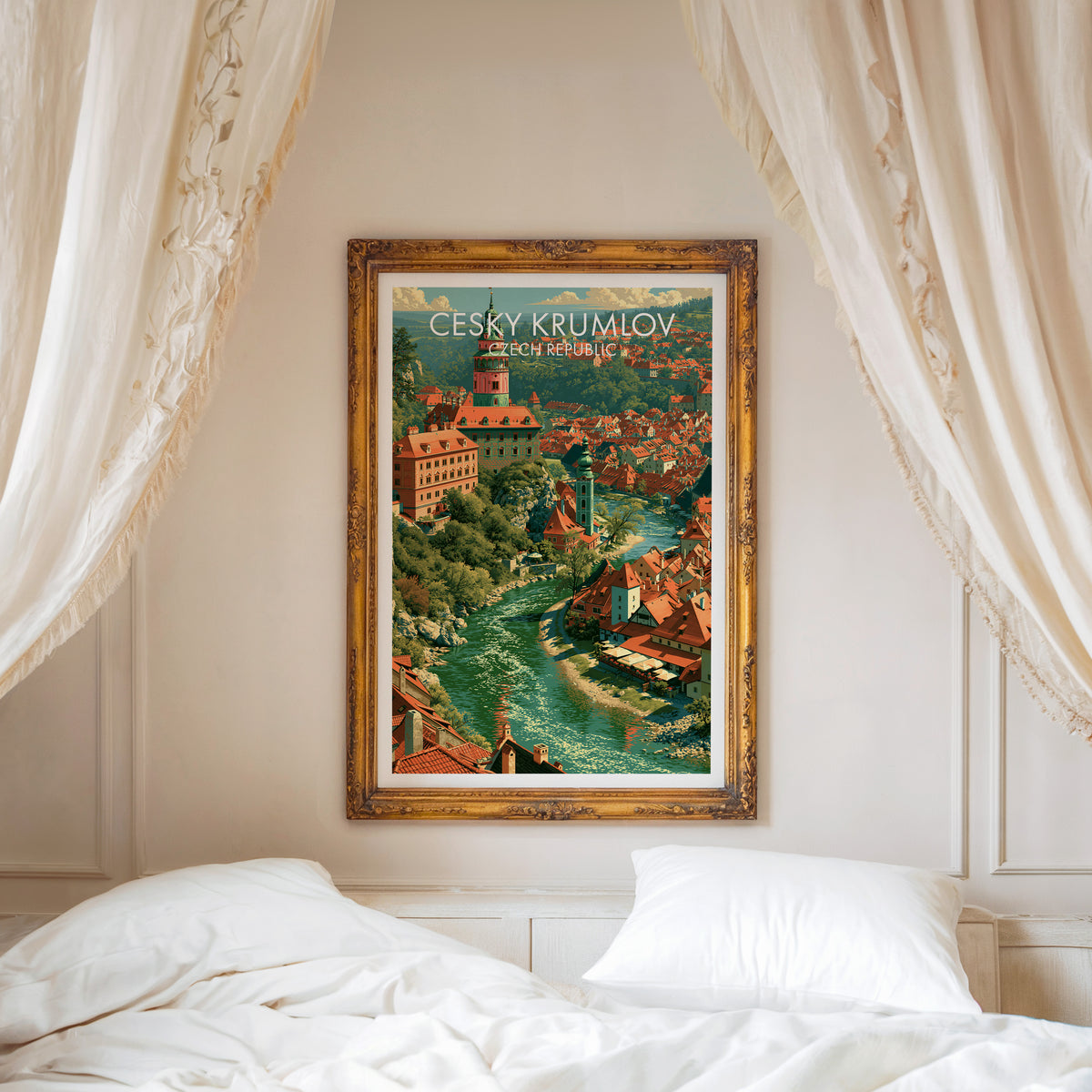 Cesky Krumlov travel poster, ornate gold frame above a white bed with linen canopy curtains