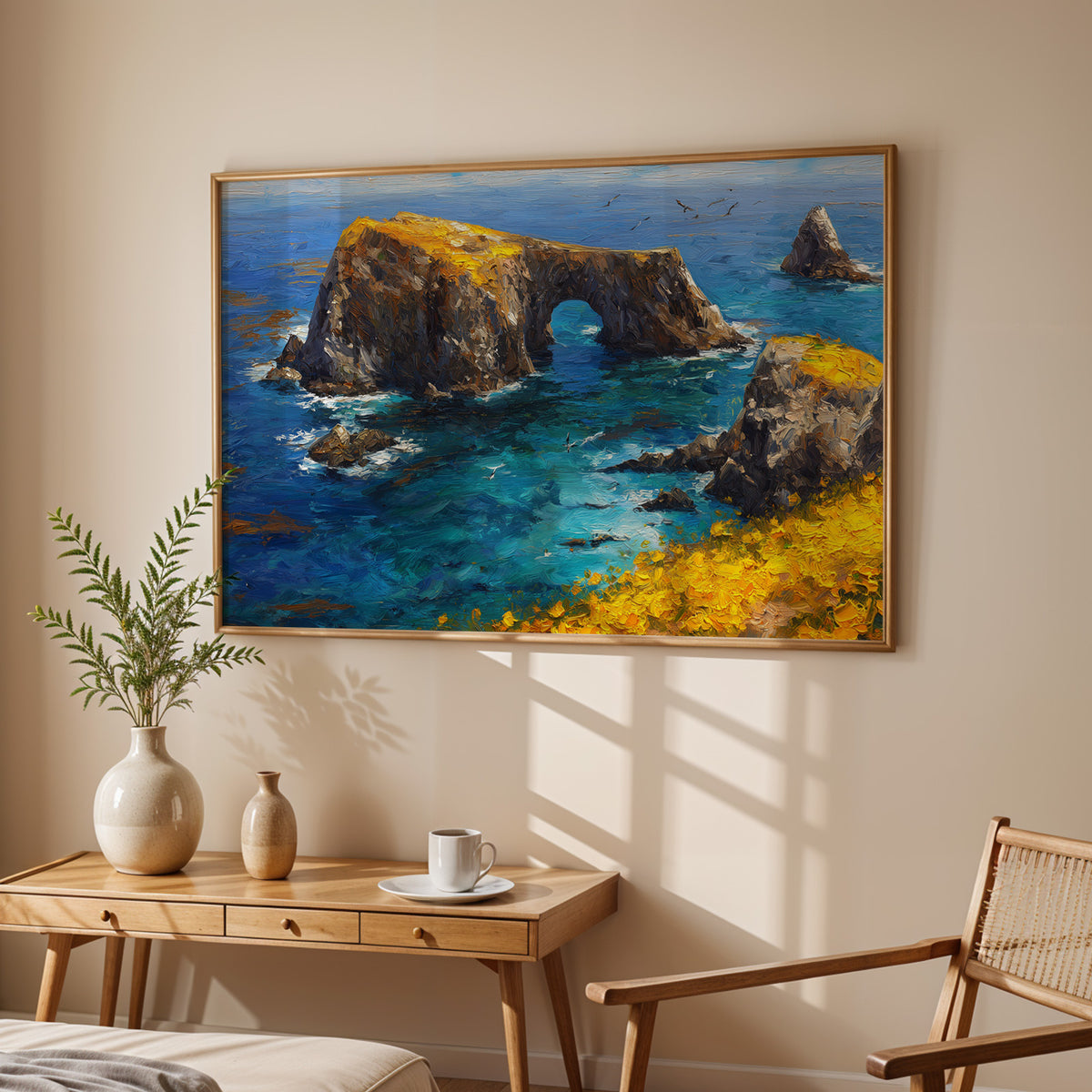 Channel Islands National Park canvas print in a dark walnut frame above a cream sofa