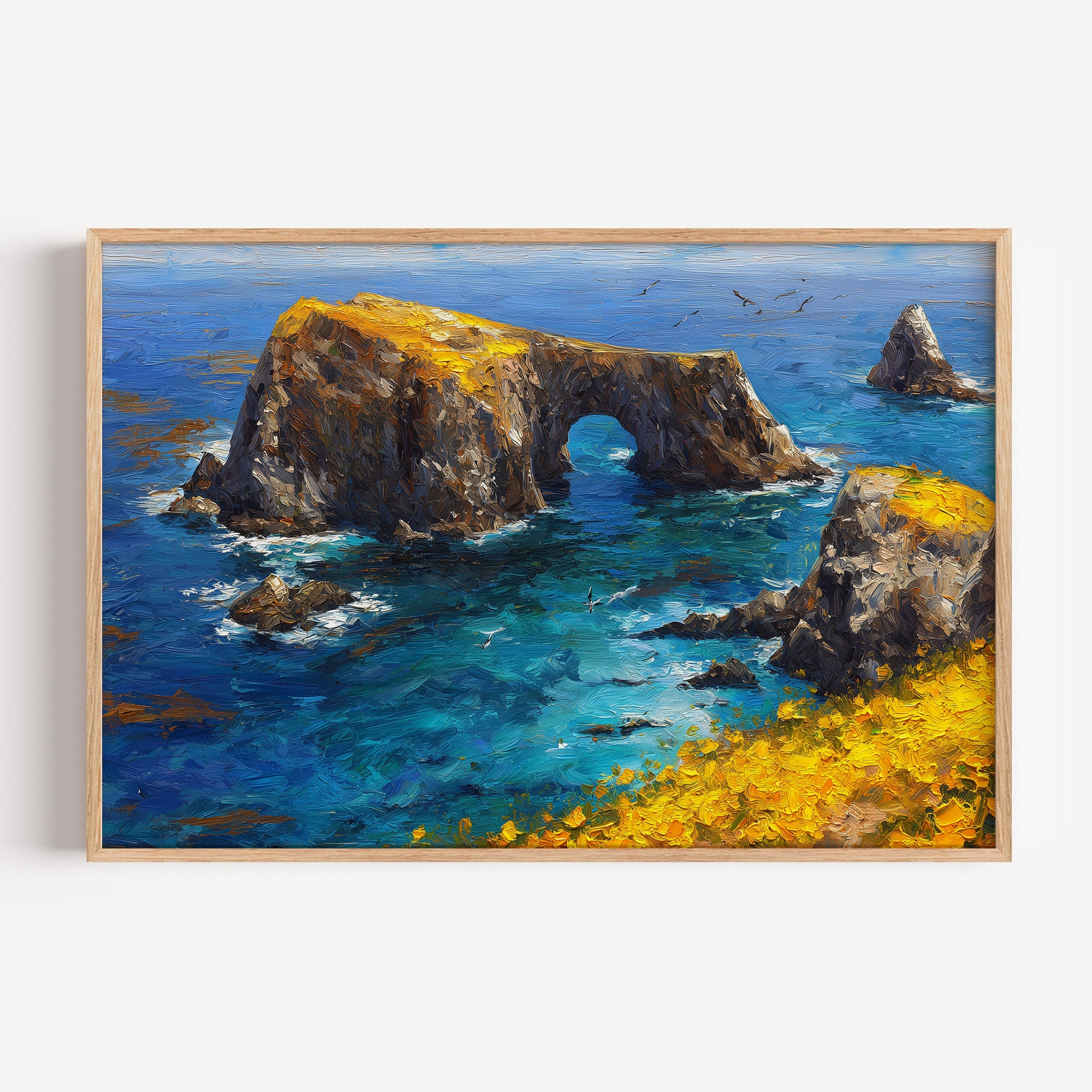 Channel Islands National Park oil painting print in a light oak frame: Anacapa Arch Rock in blue sea