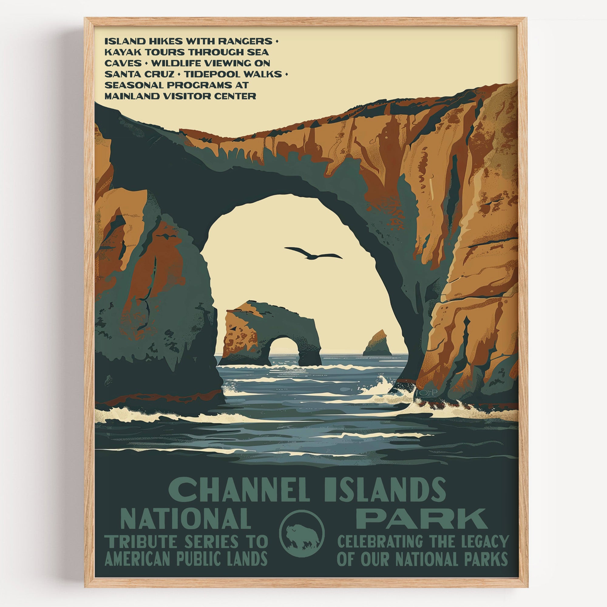 Channel Islands National Park wall art print in a thin wood frame, a huge sea arch and cliffs standing in the blue channel