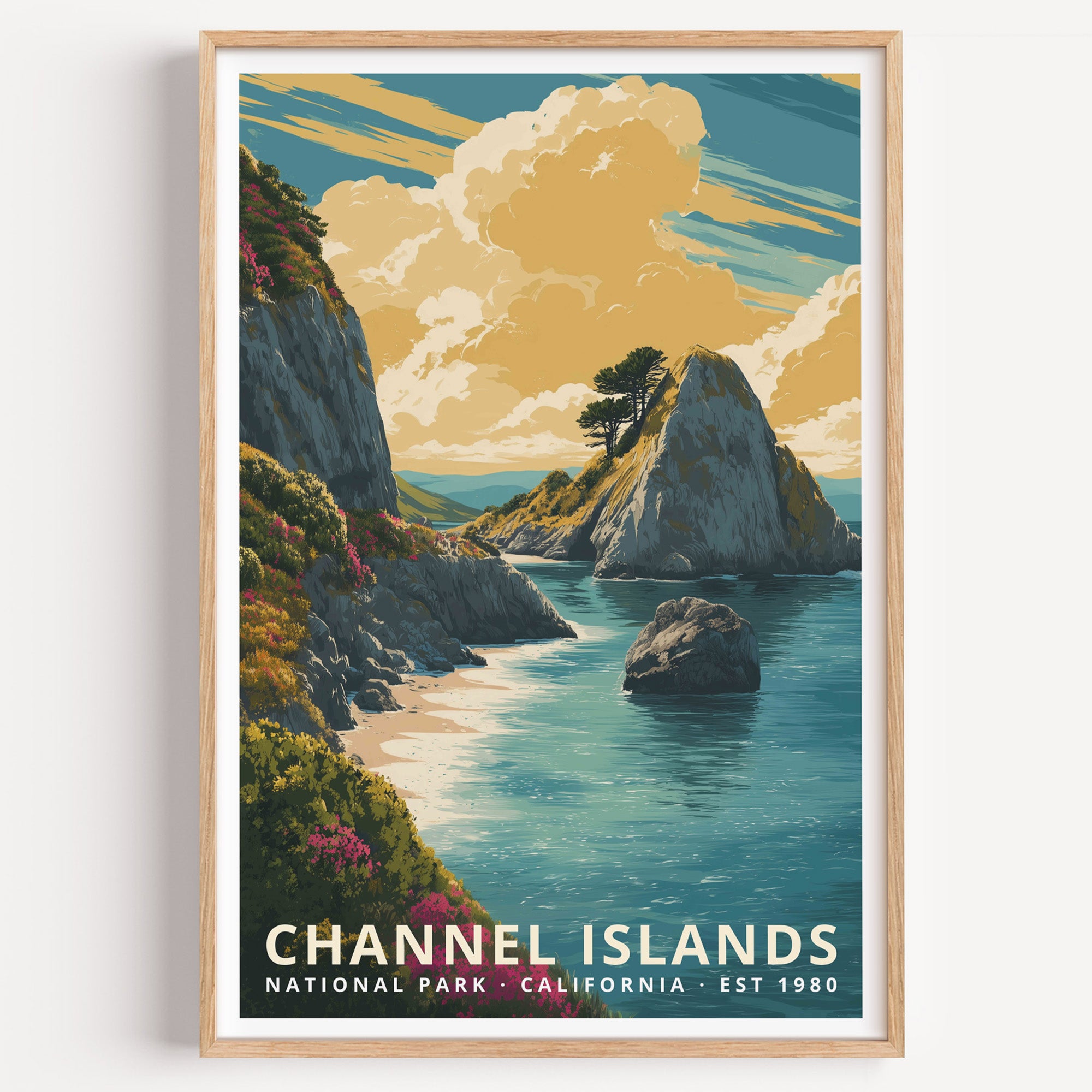 Channel Islands National Park retro travel poster — wildflower-covered bluffs and sea stacks above clear Pacific water, California