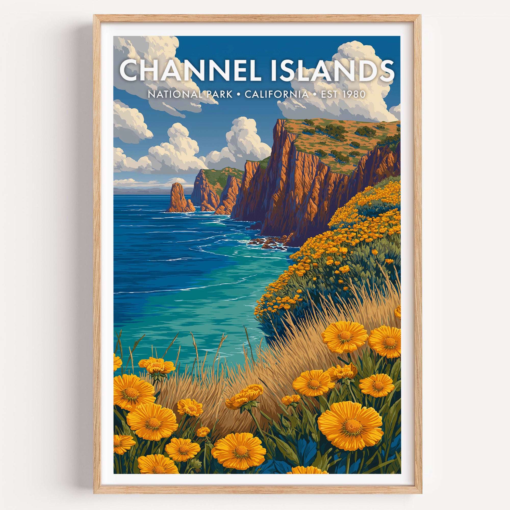 Channel Islands National Park mid-century modern art print — sheer island cliffs stepping out into a deep blue channel