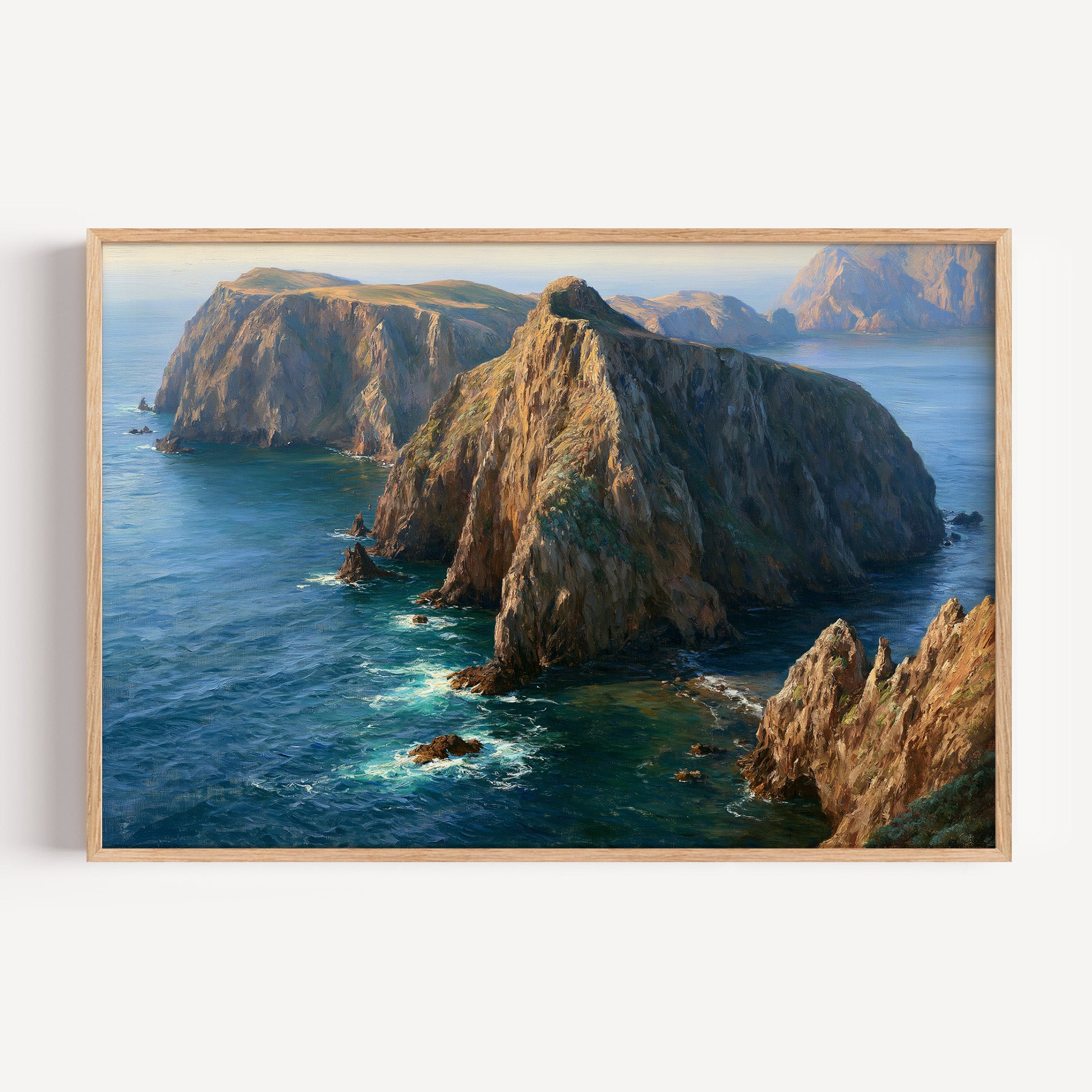 Channel Islands classical oil painting print in an oak frame: sea cliffs above blue Pacific water