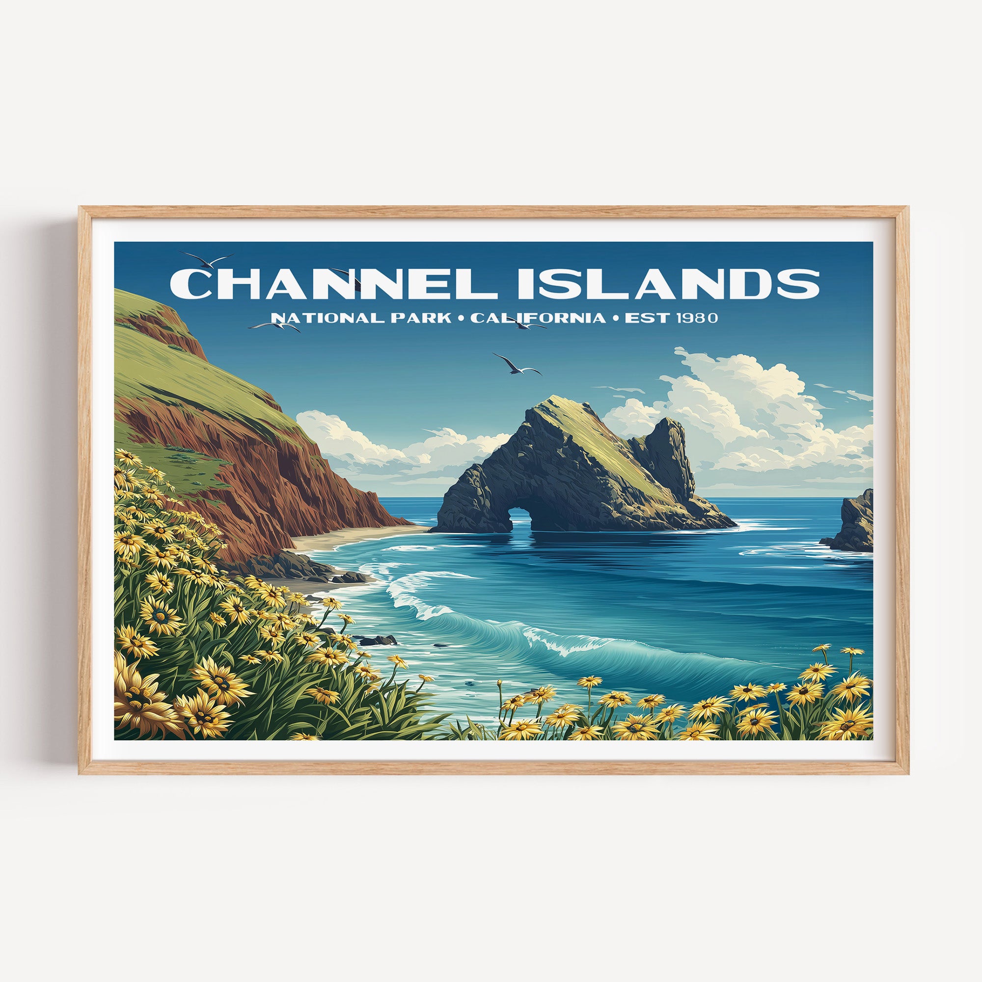 Arch Rock in a blue channel with giant yellow coreopsis blooming on the headland — Channel Islands National Park vintage WPA travel poster print