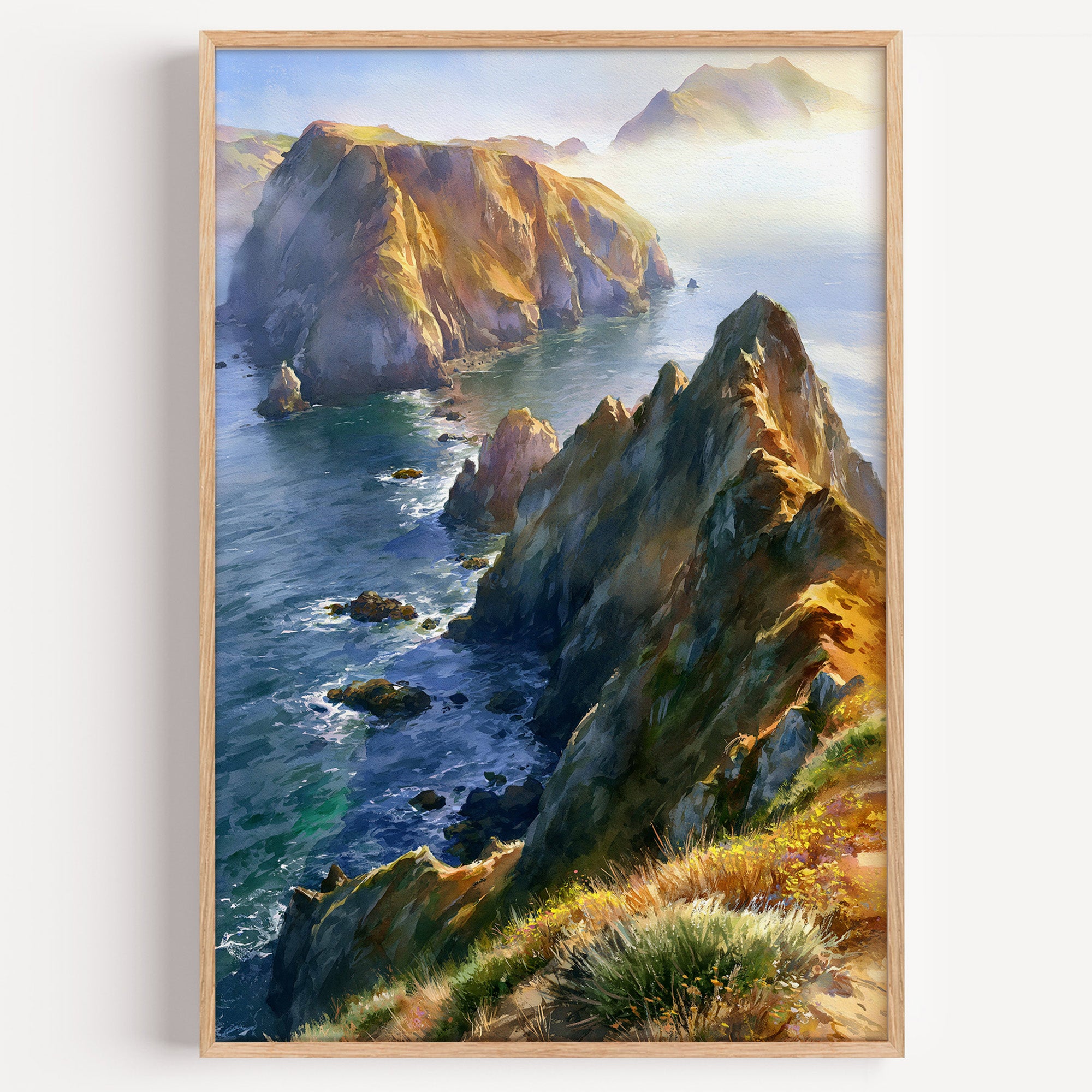 Channel Islands National Park watercolor art print: backlit ridge of sea cliffs above the deep blue Pacific