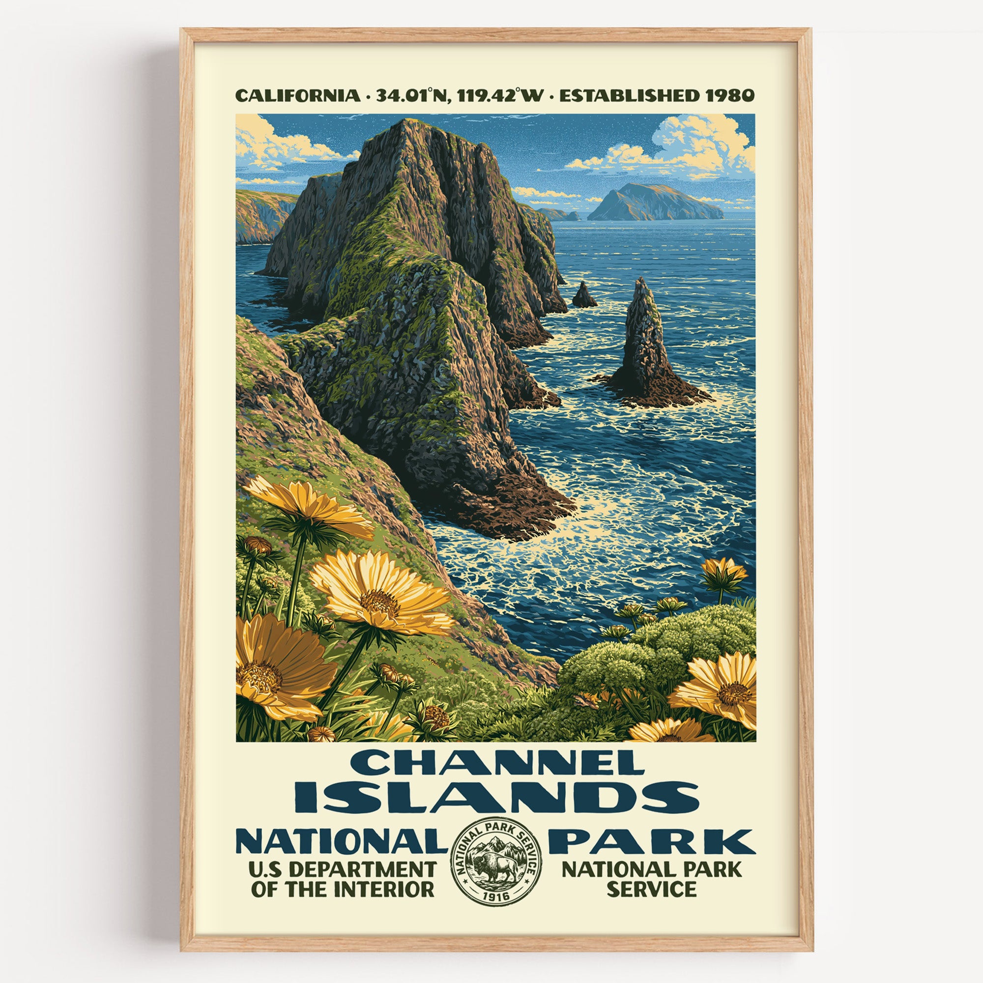 Channel Islands National Park vintage WPA poster in a wood frame, sea stacks and coreopsis blooms above a kelp-blue channel
