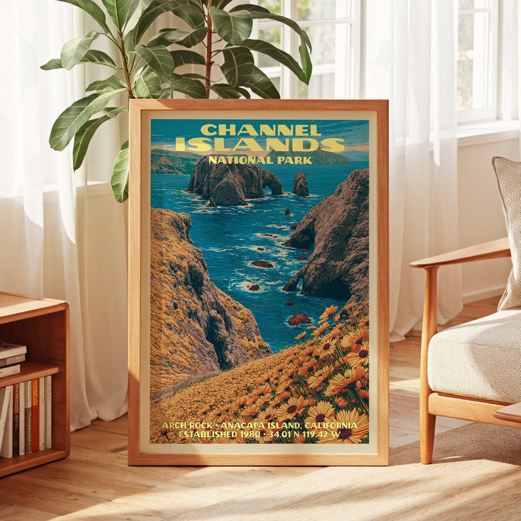Channel Islands vintage poster in oak, leaning by a sunlit window with sheer curtains and a low bookshelf