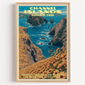 Arch Rock Channel Islands National Park vintage poster in a light oak frame on a plain white wall