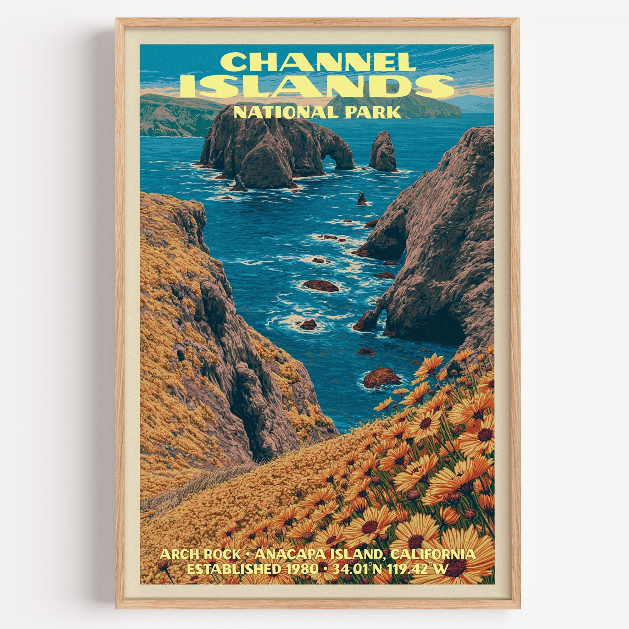 Arch Rock Channel Islands National Park vintage poster in a light oak frame on a plain white wall