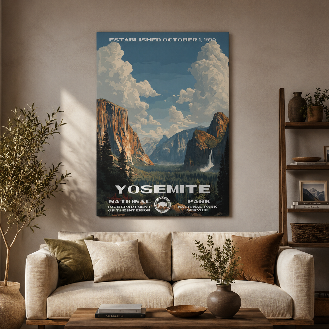 Living room with a beige sofa, wooden coffee table, and a Yosemite National Park poster on the wall.