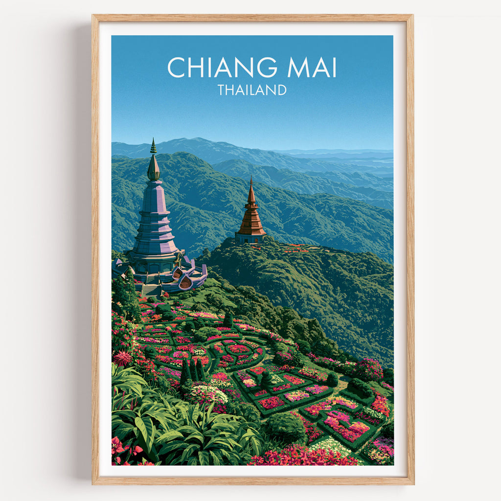Chiang Mai Thailand travel poster in a natural wood frame, shown against a clean white wall