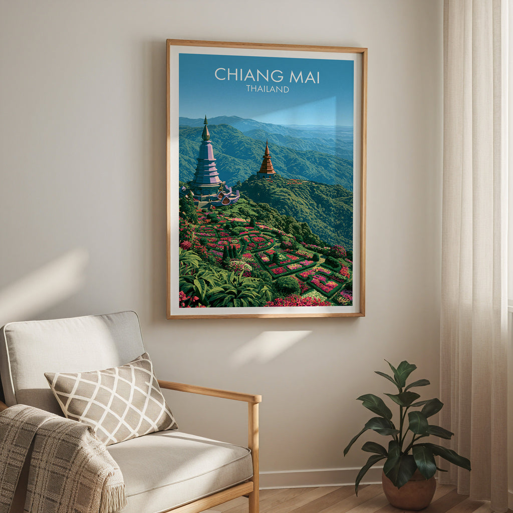Chiang Mai Thailand travel print in a light oak frame on a living room wall beside a linen armchair