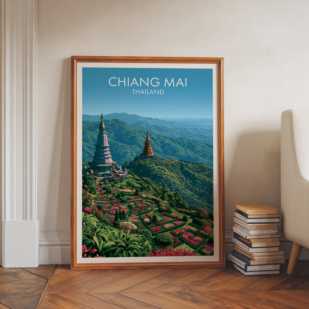 Chiang Mai Thailand art print in a walnut frame leaning in a hallway beside stacked books