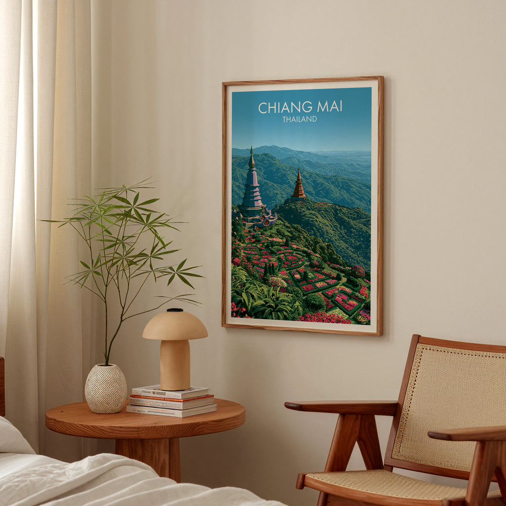 Chiang Mai Thailand poster above a bedroom nightstand with a bamboo plant and mushroom lamp