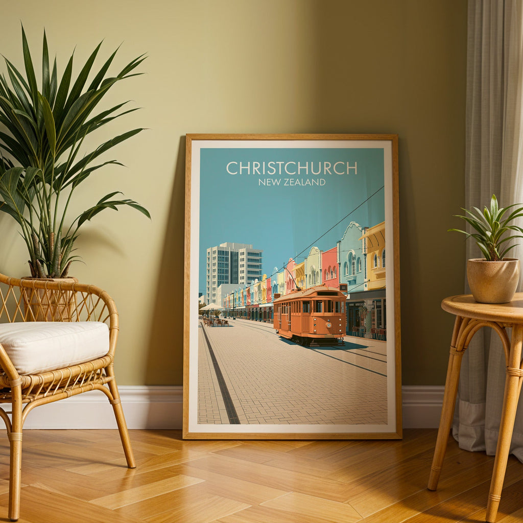 Heritage tram poster in an oak frame on herringbone parquet, olive wall, rattan chair with cream cushion