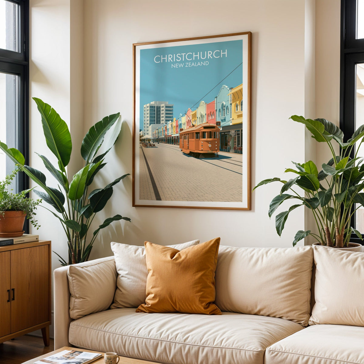 Christchurch wall art above a cream sofa with a burnt-orange cushion and two tall tropical plants