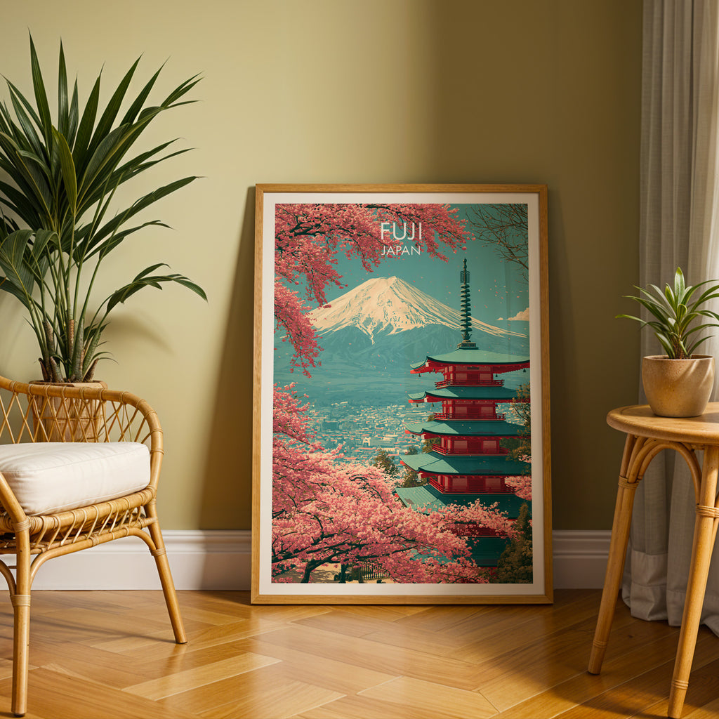 Large Mount Fuji Japan travel print in an oak frame leaning on a herringbone floor next to a rattan chair