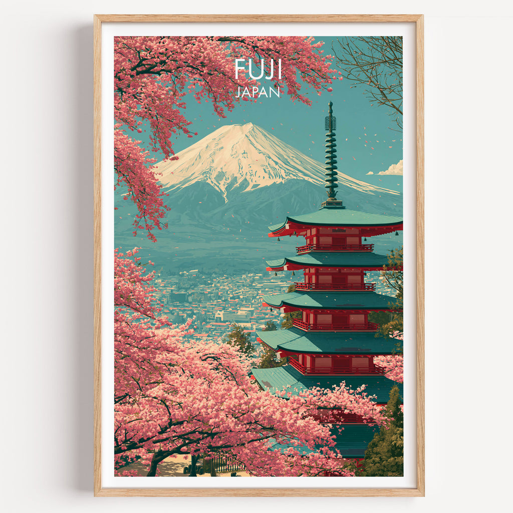 Mount Fuji Japan travel poster in a natural wood frame, shown against a clean white wall