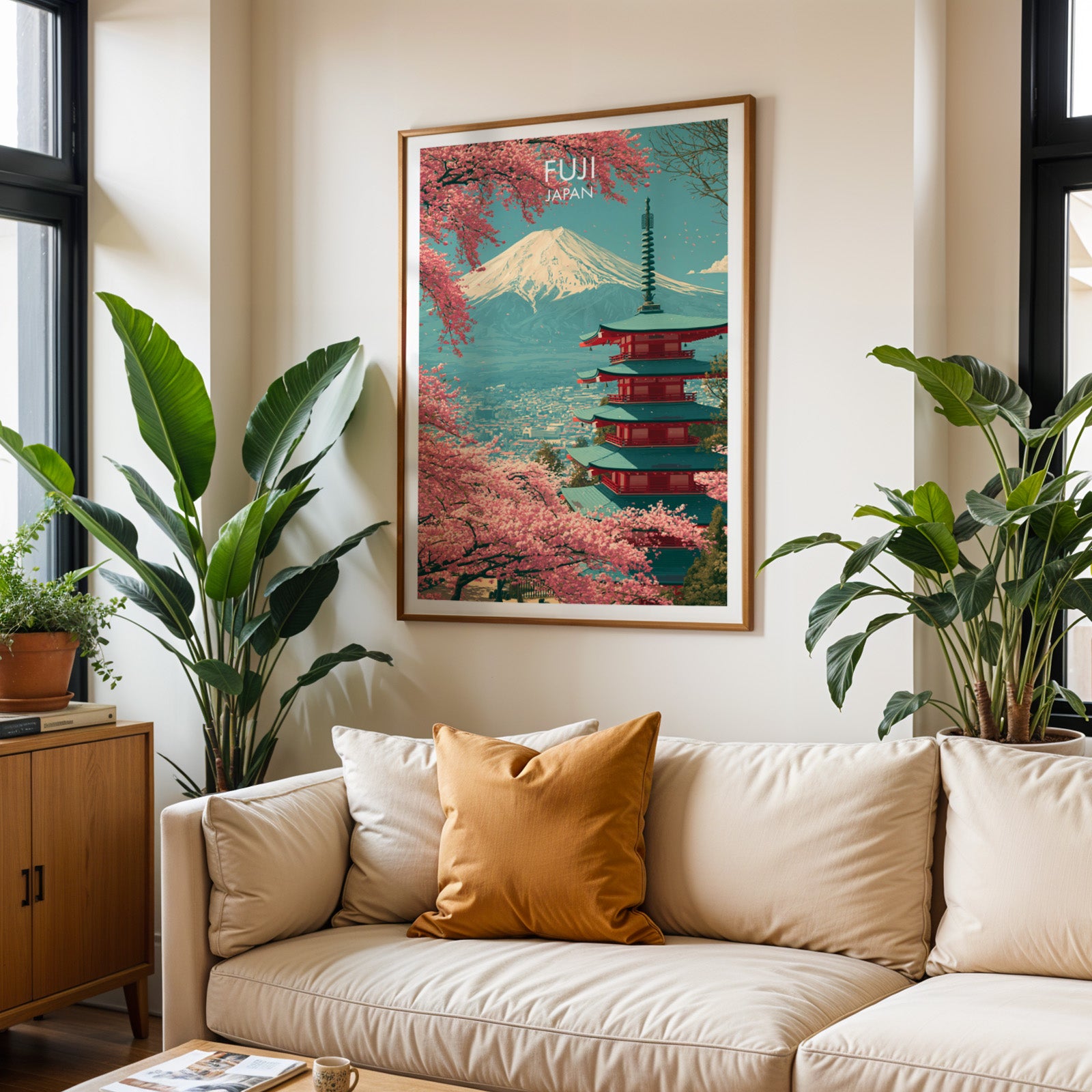 Framed Mount Fuji Japan wall art hanging above a cream sofa in a bright living room with tropical plants