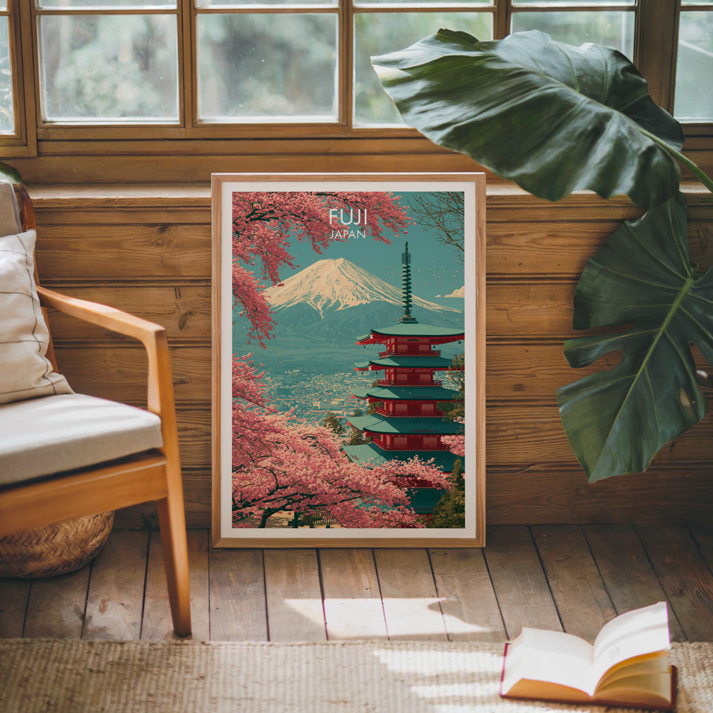Framed Mount Fuji Japan poster leaning against a timber cabin wall with monstera leaves and an open book