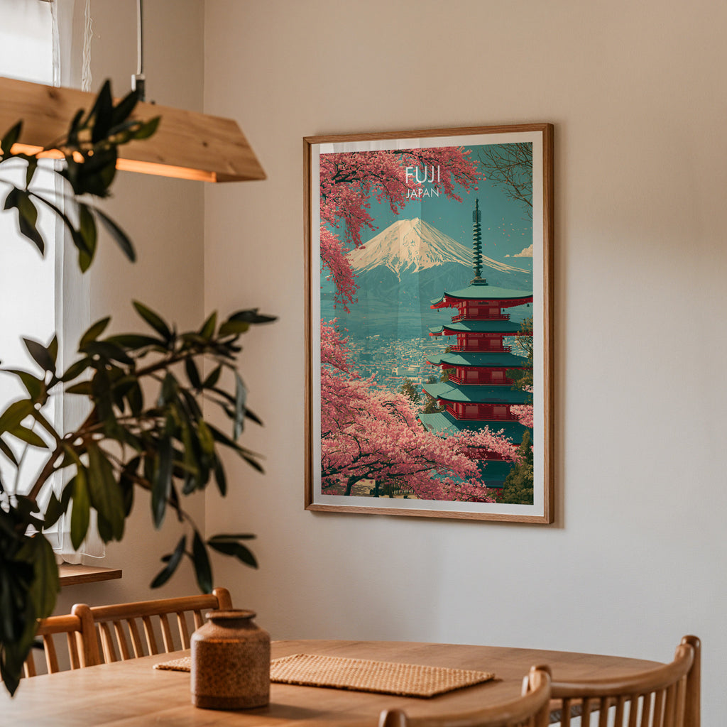 Framed Mount Fuji Japan print on a dining room wall above an oak table in warm afternoon light