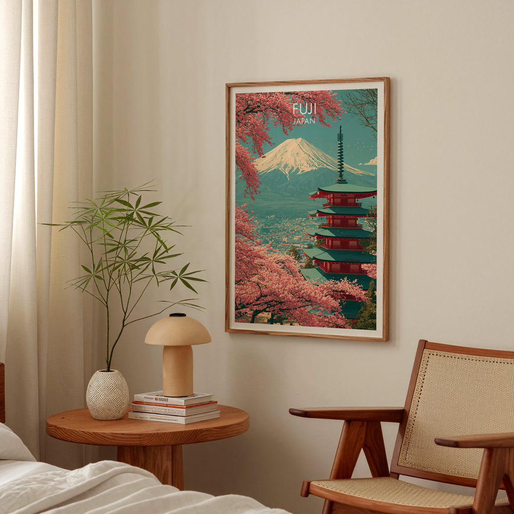Mount Fuji Japan poster above a bedroom nightstand with a bamboo plant and mushroom lamp