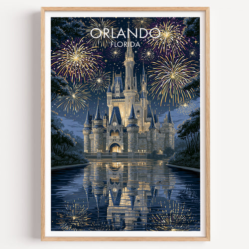 Orlando castle fireworks travel poster in a light oak frame on a plain white wall