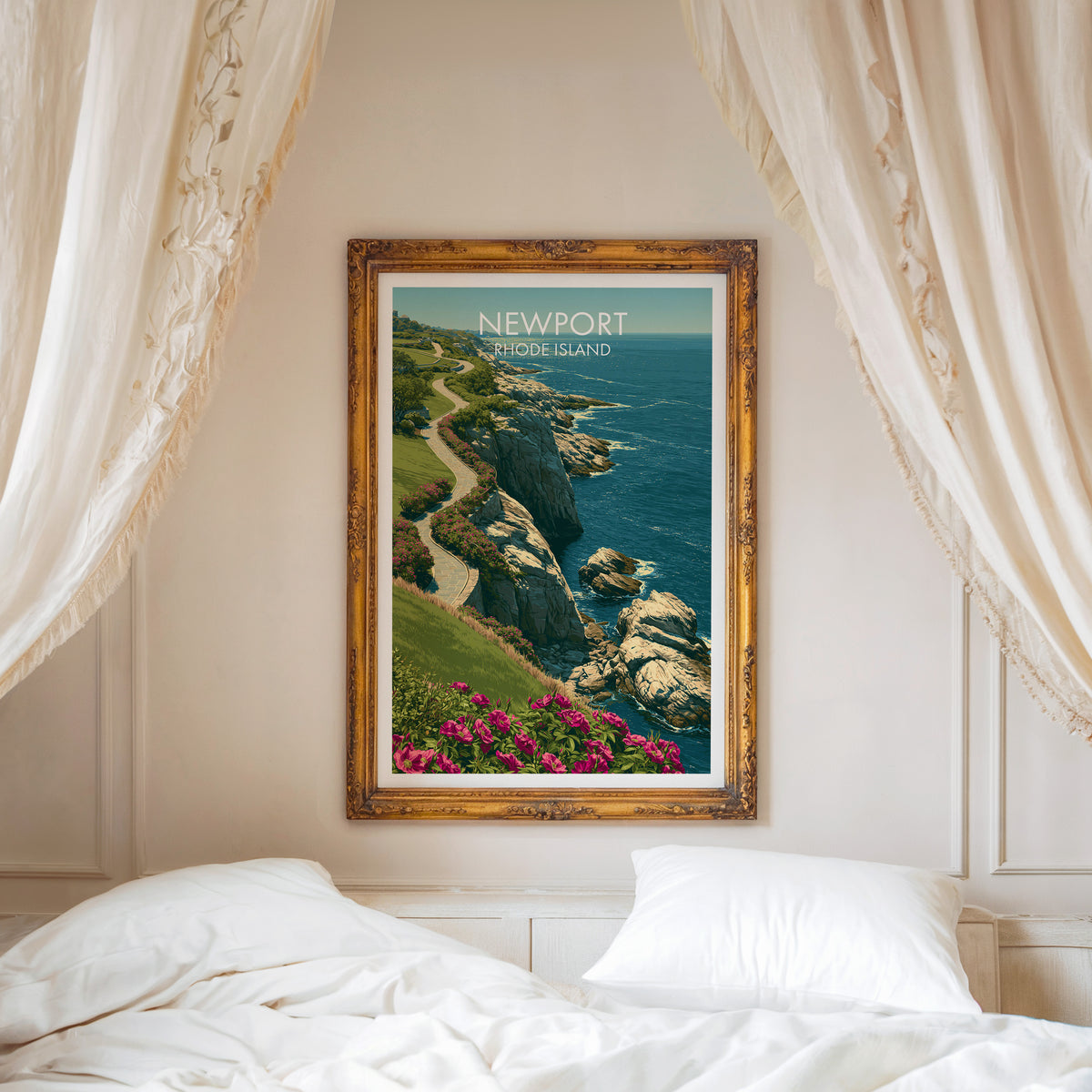 Cliff Walk Newport art print in a carved gold frame above a white bed with a linen canopy