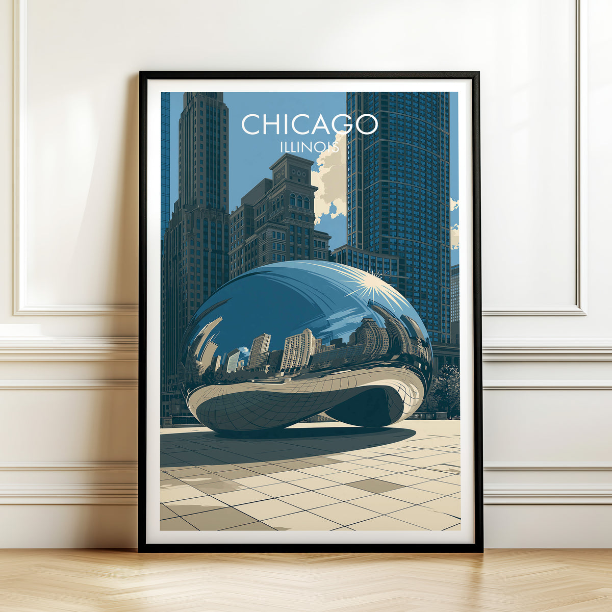 Millennium Park sculpture print in a black frame by white panelling above a herringbone wood floor.